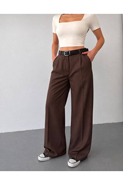 glanour Brown Belted Palazzo Trousers Original Cut