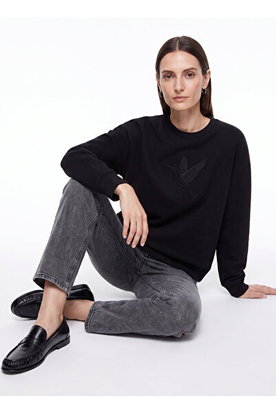Fabrika Siyah Kadın Bisiklet Yaka Loose Fit Nakışlı Sweatshirt F6WL-SWT0087