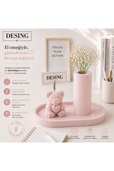 DESING BY El Yapımı Taş Tozu Ayıcıklı Not Tutucu, Vazo ve Tepsi 3’lü Masaüstü...