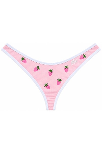 BHO WEAR V kesim Çilek Baskılı Kadın Brazilian Pamuklu İç Çamaşırı Külot Pembe