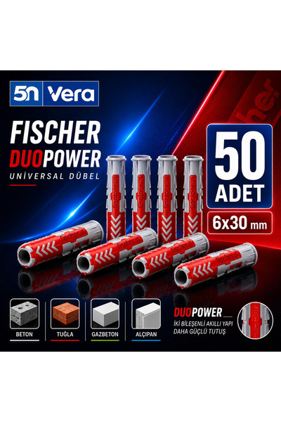 Fischer Duopower 6X30 mm Dübel 50 Adet | Beton Tuğla Gazbeton Alçıpan Için Un...