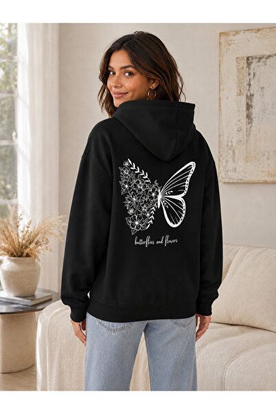 FAVORİST Women's Butterfly & Flowers Printed Hooded Sweatshirt