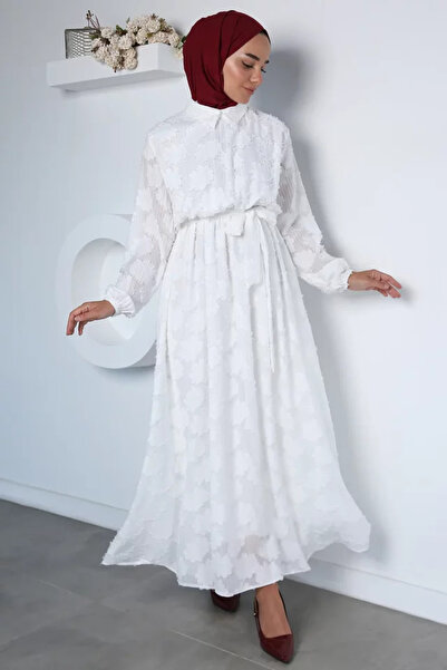 TOZLU Polo Collar Elastic Waist Belt Detailed Hijab Dress