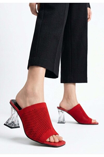 NESSİMO Red Knitwear Transparent Heeled Slippers