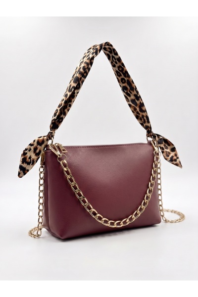 PurpleART Women's Burgundy Scarf and Chain Detailed Shoulder Bag Crossbody Zi...