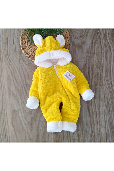 bebe kervanı % 100 Pamuklu Welsoft Yünlü Sarı Fermuarlı Kışlık Bebek Tulumu B...