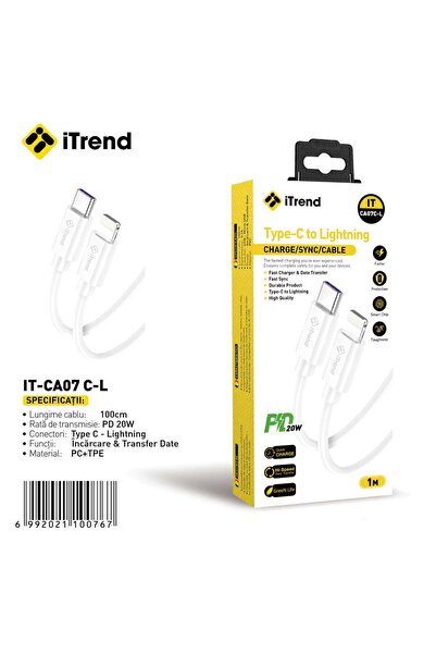 itrend Cablu USB-C la Lightning IT-CA07 C-L, 1 m, Încărcare Rapidă PD 20W, PC...