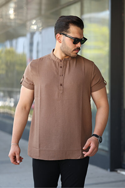 urban wear URBAN ERKEK KAHVE Hakim Yaka Keten Gömlek - 2536