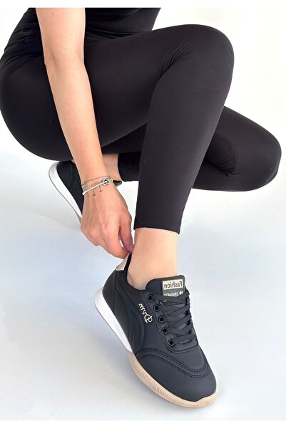 NESSİMO Black Leather Beige Sole Lace-Up Sports Shoes
