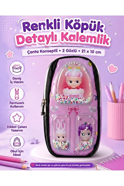 kruxon Renkli Köpüklü Şeffaf Detaylı Kalemlik Çanta Konseptli 2 Gözlü Okul Ka...