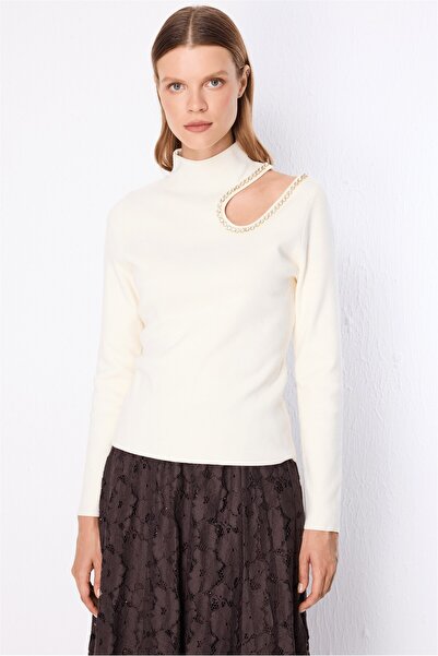 ON TRİKO Off-The-Shoulder Stone Detailed Knitwear Sweater 10310
