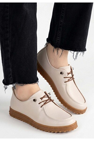 NESSİMO Beige Leather Laced Ballerina Shoes
