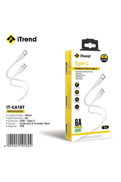 itrend Cablu USB la USB-C IT-CA18T, 1 m, Încărcare Ultra Rapidă 6A, TPE, Alb