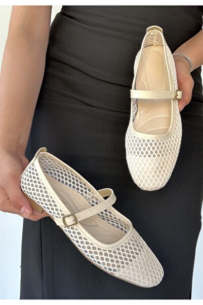 NESSİMO Beige Leather Mesh Ballerina Shoes
