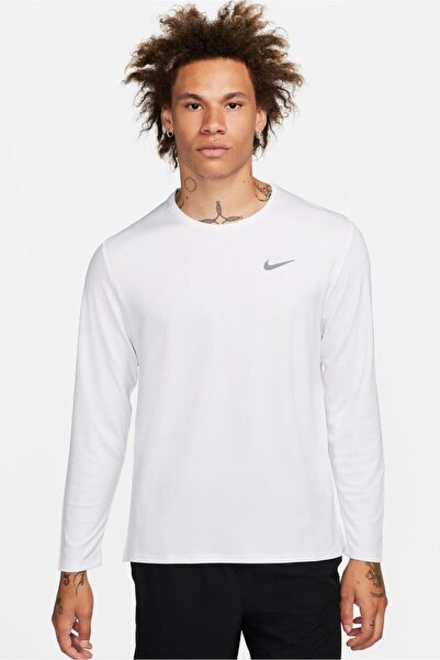 Nike Dri-Fit UV Miler Top LS Erkek Uzun Kollu Beyaz Spor Tişört