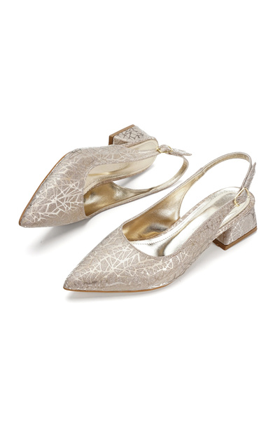 MFT AYAKKABI Women's Gold Open-Back Thick Heeled Patterned Evening Dress Shoes