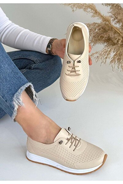 NESSİMO Beige Leather Lace-Up Sneakers