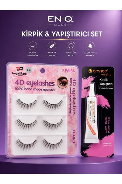 ENQ 4D Takma Kirpik Seti 3 Çift Doğal Görünümlü El Yapımı Kirpik & Su Geçirme...
