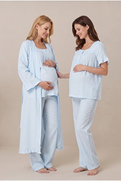LOHOUSE Women's Blue Muslin Fabric Short Sleeve Maternity Pajama Set with a D...