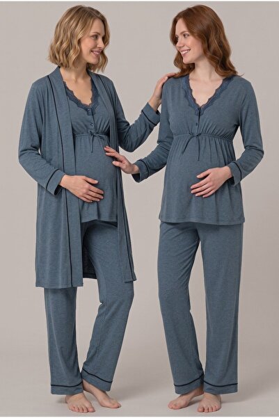 LOHOUSE Women's Anthracite Long-Sleeved Lace Maternity Pajama Set with Dressi...