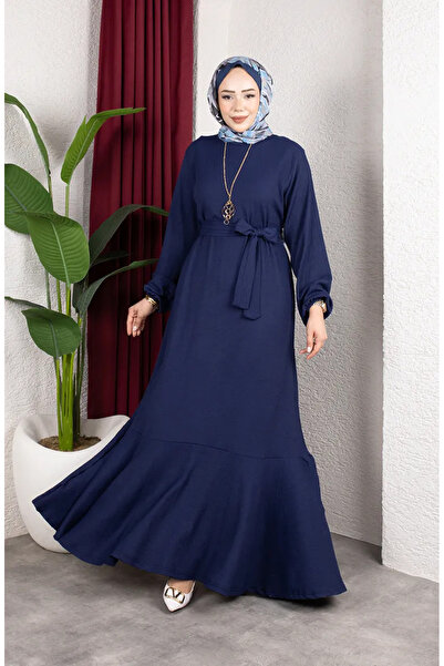 sefamerve Bürümcük Fabric Sleeve Elastic Belted Hijab Dress 0911-04 Navy Blue