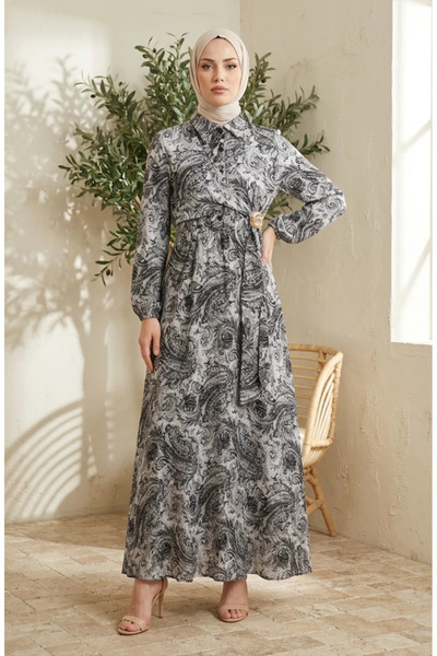sefamerve Shawl Patterned Buttoned Elastic Waist Hijab Dress 0357-03 Anthracite