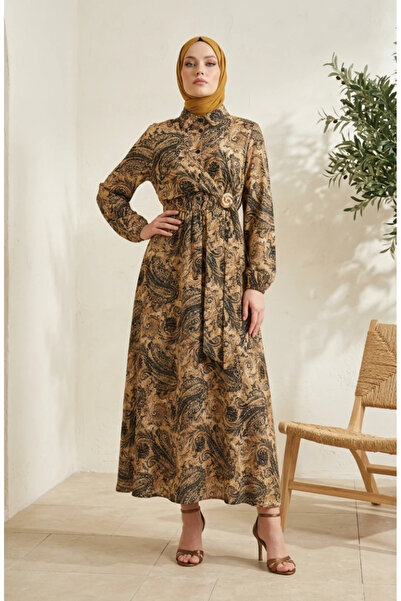 sefamerve Shawl Patterned Buttoned Elastic Waist Hijab Dress 0357-04 Mustard
