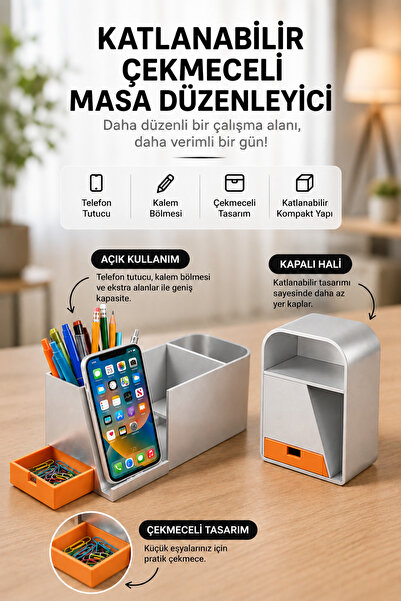 Genel Markalar Katlanabilir Çekmeceli Masa Düzenleyici – Telefon Standı Kalem...