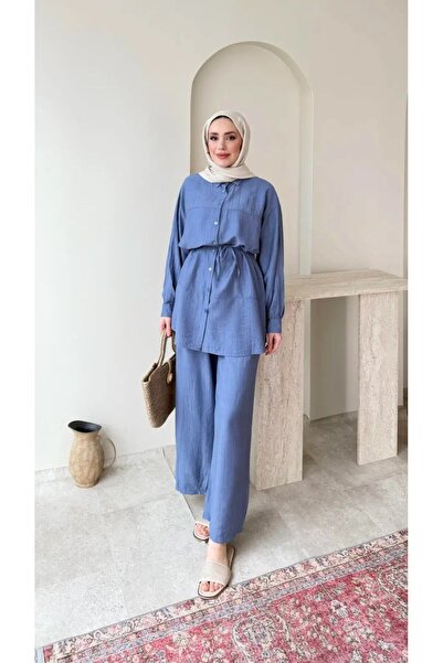 Miraydın Butik Women's Belted Tunic Trouser Set M6034 - Blue
