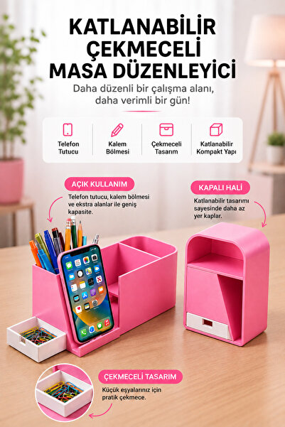 Genel Markalar Katlanabilir Çekmeceli Masa Düzenleyici – Telefon Standı Kalem...