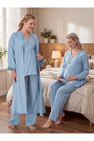 Lohussa New Season Indigo Muslin Fabric Double-Breasted Tie-Up Nursing Featur...