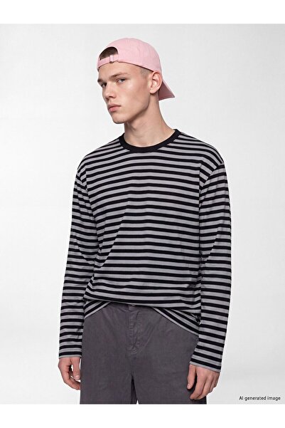 LC Waikiki Xside Anthracite Crew Neck Striped Men's Sweatshirt