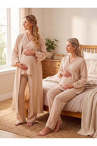 Lohussa New Season Beige Muslin Fabric Double-Breasted Tie-Up Nursing Feature...