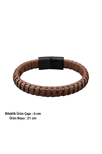 HOBİSY GIFT SHOP Taba Renk Deri Erkek Bileklik Çelik Mıknatıs Klipsli Hediyelik Takı