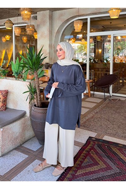 nurvina modest wear Oversize Slit Detailed Modal Fabric Hijab Tunic Anthracite