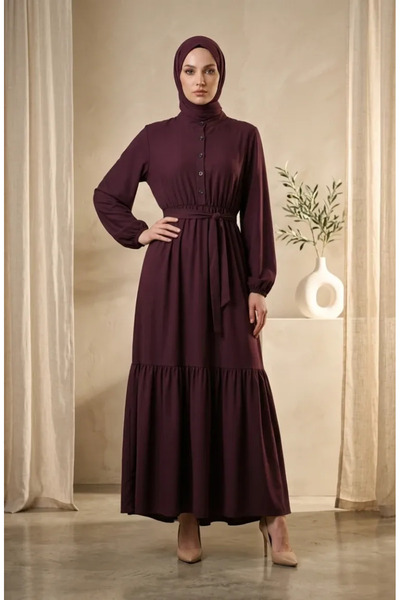 sefamerve Buttoned Viscose Crepe Hijab Dress with Elastic Waist 0353-04 Plum