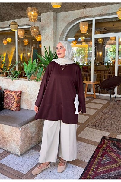 nurvina modest wear Oversize Slit Detailed Modal Fabric Hijab Tunic Brown