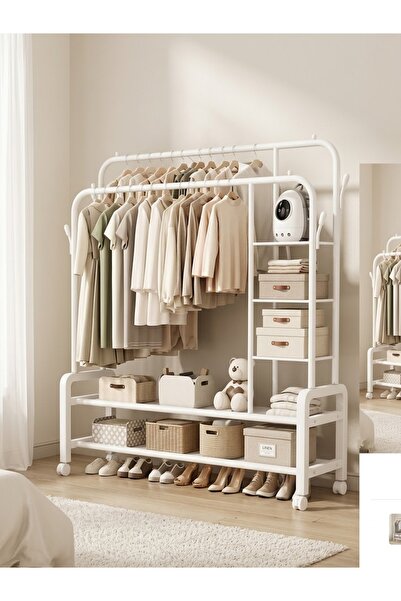 Binshihon Home Double Clothes Organizer Stand with Storage Shelves