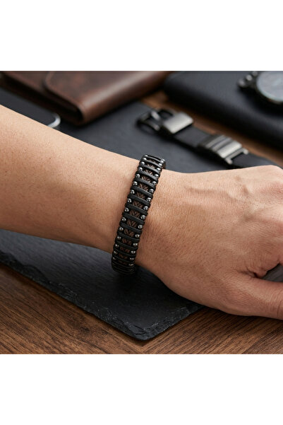 HOBİSY GIFT SHOP Men's Black Leather Bracelet with Rose Detail and Steel Clip...