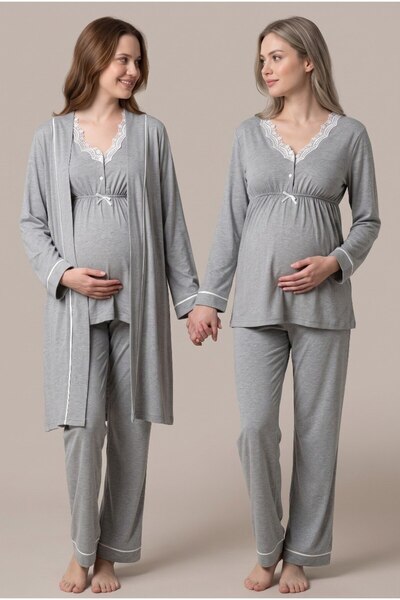 Pelin Women's Gray Melange Long Sleeve Lace Maternity Pajama Set with Dressin...