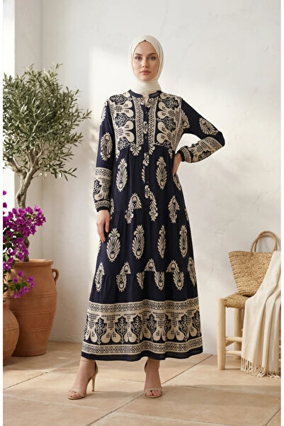 sefamerve Patterned Viscose Buttoned Hijab Dress 5593-03 Navy Blue