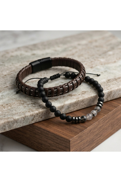 toptanhanem Special Series 2-Piece Combination Men's Brown Braided Leather Br...