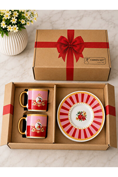 Yumuk Shop Pink Bird 2-Person Coffee Cup Set with Pomegranate and Bowknot Box...