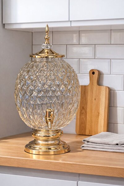 Hinora 4 Litre Petek Desenli Musluklu Cam İçecek Sebili – Gold Ayaklı Kapaklı...