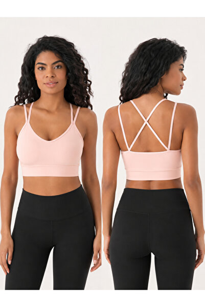 ARMAĞANİKA Women's V-Neck Double Straps Cross Back Sports Bustier Crop Top