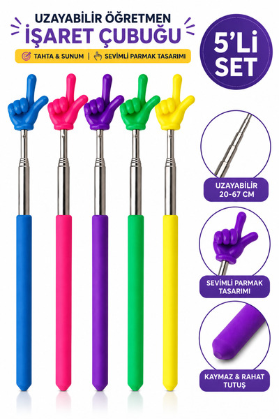 Ercazzo 5’li Set Portatif Uzayabilir Öğretmen İşaret Çubuğu 20-67 CM Teleskop...