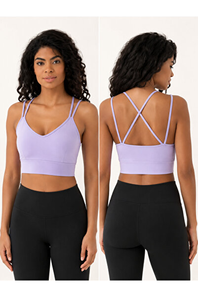 ARMAĞANİKA Women's V-Neck Double Straps Cross Back Sports Bustier Crop Top
