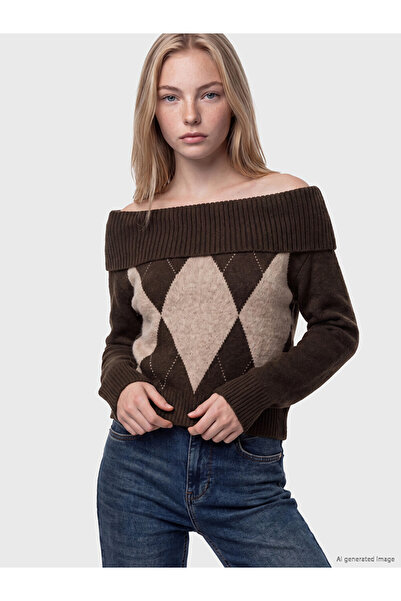 LC Waikiki Vizyon New Season Brown Boat Neck Diamond Pattern Women's Knitwear...