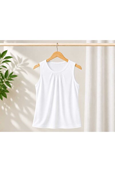 NOVALYN SHOP بلوزة نسائية بدون أكمام وياقة دائرية مع تجعيدات أمامية