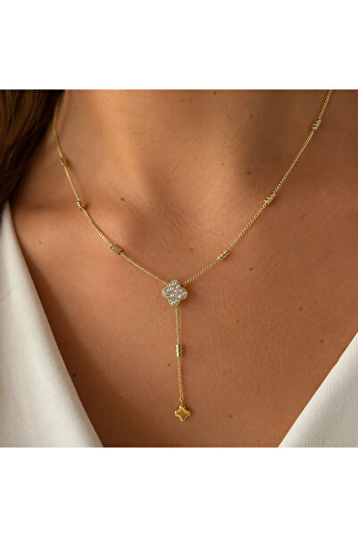nerora İnce Zincirli Rodyum Gold 14K Kaplama Taşlı Yonca Motifli Y Kolye